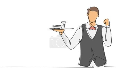 Single continuous line drawing waiter with celebrate gesture and brought a tray of drinking glasses serving visitors at cafeteria. Success job. Dynamic one line draw graphic design vector illustration