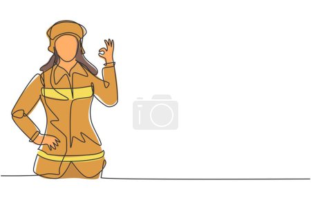 Illustration for Single one line drawing female firefighter with uniform, gesture okay and hand on waist prepare to put out the fire that burned building. Modern continuous line draw design graphic vector illustration - Royalty Free Image