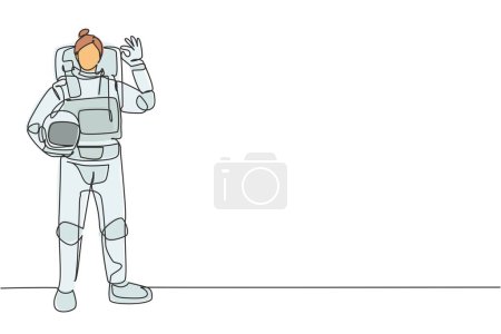 Illustration for Single continuous line drawing female astronaut stands with gesture okay wearing space suit exploring earth, moon, other planets in universe. Dynamic one line draw graphic design vector illustration - Royalty Free Image
