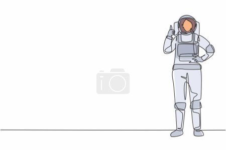 Illustration for Single continuous line drawing female astronaut stands with thumbs-up gesture wearing space suit exploring earth, moon, other planets in the universe. One line draw graphic design vector illustration - Royalty Free Image