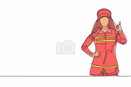 Illustration for Single continuous line drawing female firefighters in uniform complete with a thumbs-up gesture prepare to put out the fire that burned the building. One line draw graphic design vector illustration - Royalty Free Image