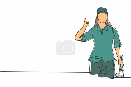 Illustration for Single continuous line drawing carpenter woman with a thumbs-up gesture works in his workshop making wooden products. Skills in using carpentry tools. One line draw graphic design vector illustration - Royalty Free Image