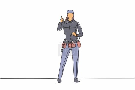 Illustration for Continuous one line drawing handywoman stands with thumbs-up gesture and tools such as pliers, screwdriver, hammer that is placed on his work shirt. Single line draw design vector graphic illustration - Royalty Free Image