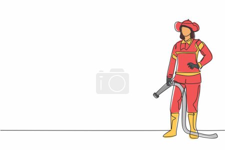 Illustration for Continuous one line drawing of young beautiful female firefighter with uniform holding hands on hip. Professional job profession minimalist concept. Single line draw design vector graphic illustration - Royalty Free Image