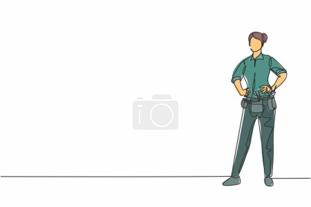 Illustration for Continuous one line drawing of young beauty female mechanic standing with hands on hip. Professional job profession minimalist concept. Single line draw design vector graphic illustration - Royalty Free Image