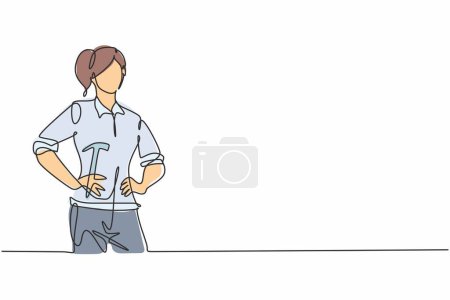 Illustration for Single continuous line drawing of young beauty female carpenter holding hammer with hands on hip. Professional work job occupation. Minimalism concept one line draw graphic design vector illustration - Royalty Free Image