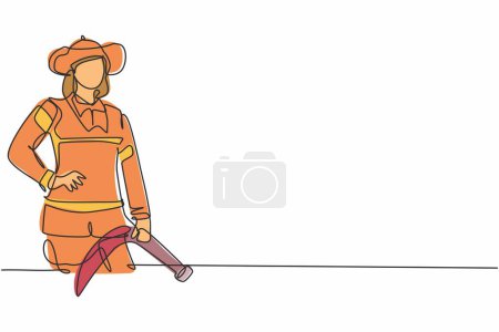Illustration for Single continuous line drawing of young beauty brave female firefighter holding hands on hip. Professional work job occupation. Minimalism concept one line draw graphic design vector illustration - Royalty Free Image
