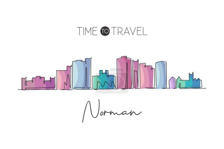 Illustration for One single line drawing Norman city skyline, Oklahoma. World historical town landscape postcard print. Best holiday destination. Editable stroke trendy continuous line draw design vector illustration - Royalty Free Image