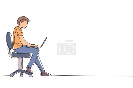 Illustration for Single continuous line drawing young man with laptop sitting on the chair. Freelance, distance learning, online courses, and studying concept. Dynamic one line draw graphic design vector illustration - Royalty Free Image