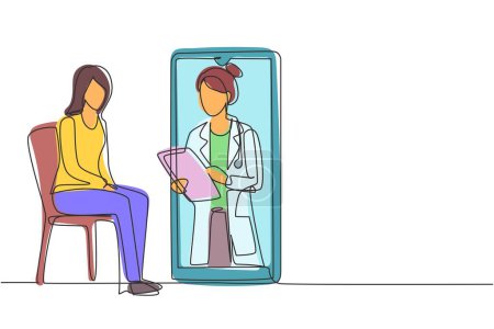 Eine durchgehende Zeichnung einer Ärztin mit Klemmbrett, die den Zustand einer Patientin überprüft, die auf einem Stuhl sitzt. Online-Beratungskonzept. Eine Linie zeichnen Grafik Design Vektor Illustration