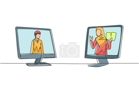 Illustration for Single continuous line drawing two monitors are standing in front of each other, one side contains Arab male student studying and the other contains hijab female teacher teaching. Dynamic one line - Royalty Free Image