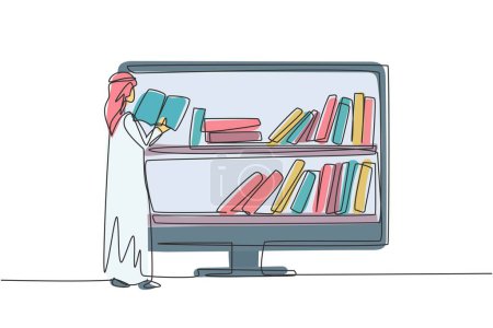 Illustration for Continuous one line drawing Arab male college student reading book while standing in front of monitor with bookshelf on screen. Education concept. Single line draw design vector graphic illustration - Royalty Free Image