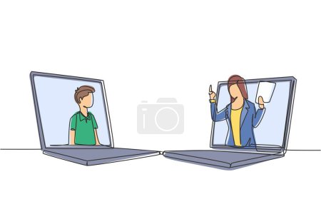 Illustration for Single one line drawing two laptops are standing in front of each other, one side contains male junior high school student studying and the other contains female teacher teaching. Draw design vector - Royalty Free Image