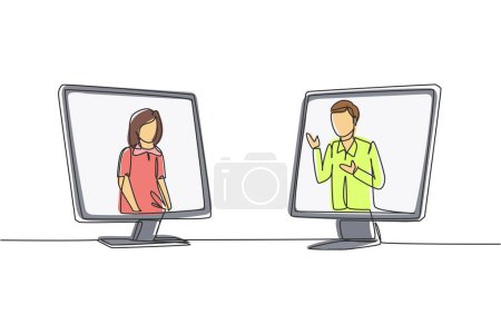 Illustration for Continuous one line drawing two monitors are standing in front of each other, one side contains female junior high school student studying and the other contains male teacher teaching. Draw design - Royalty Free Image