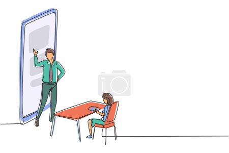 Illustration for Single one line drawing male teacher standing in front of smartphone and teaching female junior high school students sitting on benches around desk. Continuous line draw design vector illustration - Royalty Free Image