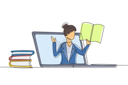 Illustration for Continuous one line drawing female teacher is teaching, half of her body is out of laptop screen and beside her is pile of books. internet class. Single line draw design vector graphic illustration - Royalty Free Image