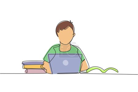 Illustration for Single one line drawing young male studying with laptop and pile of books. Back to school, intelligent student, online education concept. Modern continuous line draw design graphic vector illustration - Royalty Free Image