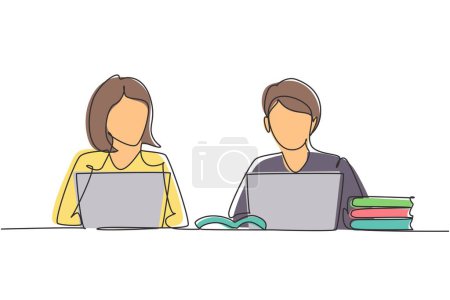 Illustration for Continuous one line drawing two young woman studying with laptop and pile of books. Back to school, intelligent students, online education concept. Single line draw design vector graphic illustration - Royalty Free Image