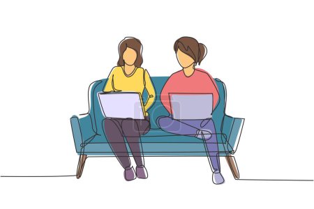 Illustration for Continuous one line drawing two woman with laptop sitting on the sofa together. Freelance, distance learning, online courses, and studying concept. Single line draw design vector graphic illustration - Royalty Free Image