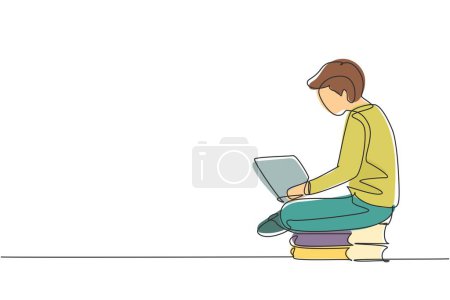 Illustration for Single continuous line drawing young male studying with laptop and sitting on pile of books. Back to school, intelligent student, online education. One line draw graphic design vector illustration - Royalty Free Image