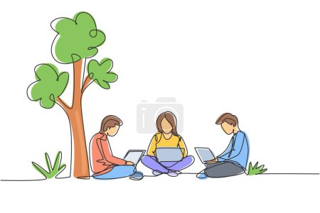 Illustration for Single one line drawing three students studying with laptop and sitting at the park together. Back to school, online education concept. Modern continuous line draw design graphic vector illustration - Royalty Free Image