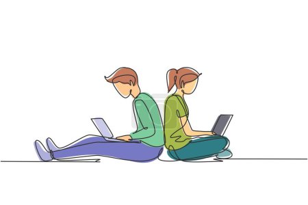 Illustration for Continuous one line drawing couple with laptop sitting and lean on each other. Freelance, distance learning, online courses, and studying concept. Single line draw design vector graphic illustration - Royalty Free Image