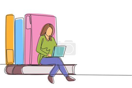 Illustration for Single continuous line drawing young woman studying with laptop and sit and lean on big books. Back to school, intelligent student, online education. One line draw graphic design vector illustration - Royalty Free Image