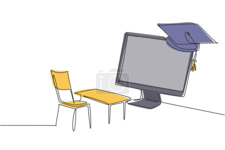 Illustration for Single one line drawing empty study chairs and desks facing giant monitor screen in which there is blackboard and graduation cap on top. Modern continuous line draw design graphic vector illustration - Royalty Free Image