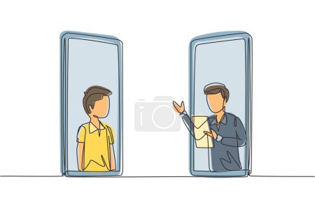 Illustration for Single one line drawing two smartphones are standing in front of each other, one side contains male junior high school student studying and the other contains male teacher teaching. Draw design vector - Royalty Free Image