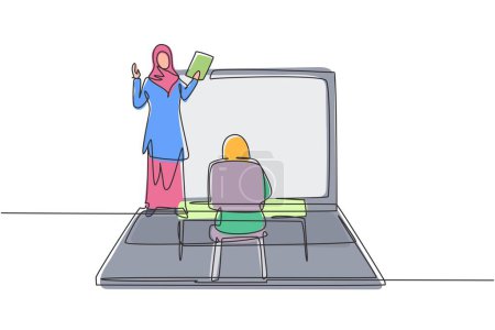 Illustration for Continuous one line drawing Arabian female teacher standing in front of laptop screen holding book and teaching hijab female students sitting on benches around desk. Single design vector illustration - Royalty Free Image