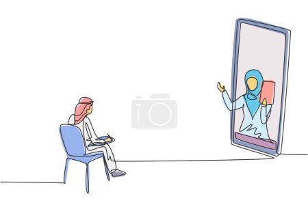 Illustration for Continuous one line drawing Arabian male student sitting studying staring at monitor screen and inside laptop there is hijab female lecturer who is teaching. Single design vector graphic illustration - Royalty Free Image