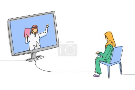 Illustration for Continuous one line drawing hijab female student sitting studying staring at monitor screen and inside laptop there is male Arabian lecturer who is teaching. Single design vector graphic illustration - Royalty Free Image