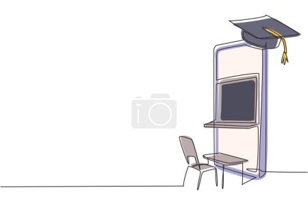 Illustration for Single continuous line drawing empty study chairs and desks facing smartphone screen in which there is blackboard and graduation cap on top. Dynamic one line draw graphic design vector illustration - Royalty Free Image