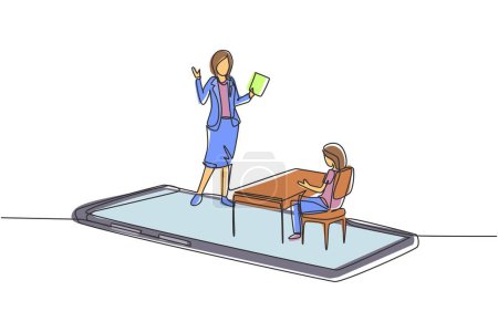 Illustration for Single continuous line drawing female teacher teaching female junior high school student who sits on bench around desk and studies on smartphone. One line draw graphic design vector illustration - Royalty Free Image