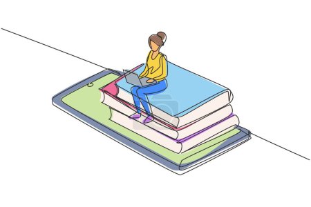Illustration for Continuous one line drawing female college student sitting on pile of books while typing on laptop on smartphone. Learning online education concept. Single line draw design vector graphic illustration - Royalty Free Image