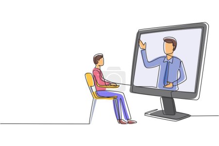 Illustration for Single continuous line drawing male student sitting studying staring at giant monitor screen and inside laptop there is male lecturer who is teaching. One line draw graphic design vector illustration - Royalty Free Image