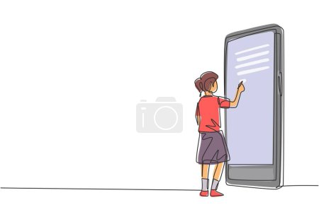 Illustration for Single one line drawing female junior high school student writing on smartphone screen like she was writing on whiteboard. Learning concept. Continuous line draw design graphic vector illustration - Royalty Free Image