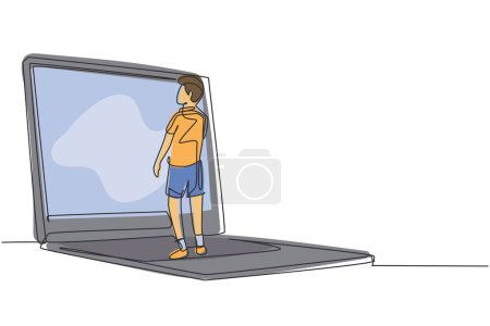 Illustration for Single continuous line drawing male junior high school student writing on giant laptop screen like he was writing on whiteboard. Learning concept. One line draw graphic design vector illustration - Royalty Free Image