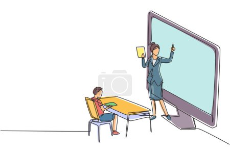 Illustration for Continuous one line drawing female teacher standing in front of monitor screen holding book and teaching male junior high school students sitting on benches around desk. Single line draw design vector - Royalty Free Image