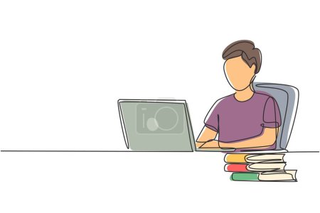 Illustration for Single one line drawing young man studying with laptop and pile of books. Back to school, intelligent student, online education concept. Modern continuous line draw design graphic vector illustration - Royalty Free Image