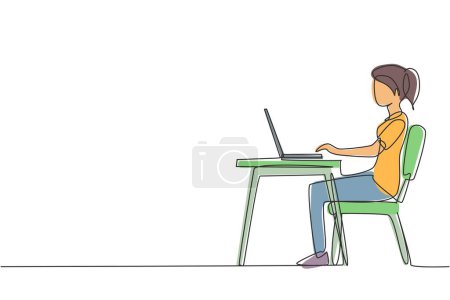 Illustration for Continuous one line drawing young girl with laptop sitting on chair around desk. Freelance, distance learning, online courses, and studying concept. Single line draw design vector graphic illustration - Royalty Free Image