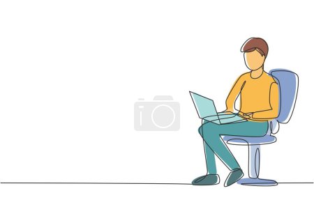 Illustration for Single one line drawing young guy with laptop sitting on the chair. Freelance, distance learning, online courses, and studying concept. Modern continuous line draw design graphic vector illustration - Royalty Free Image