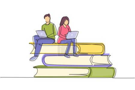 Illustration for Continuous one line drawing couple with laptop sitting on pile of books together. Freelance, distance learning, online courses, studying concept. Single line draw design vector graphic illustration - Royalty Free Image