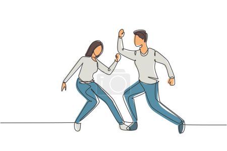 Illustration for Continuous one line drawing man and woman dancing Lindy hop or Swing. Male and female characters performing dance at school or party. Fun lifestyle. Single line draw design vector graphic illustration - Royalty Free Image