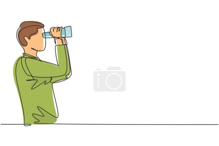Continuous one line drawing young man looking in distance with binoculars. Enjoy beauty of nature as far as the eye can see. Find something interesting. Single line design vector graphic illustration