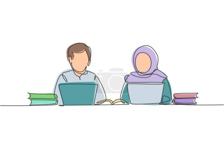 Illustration for Single one line drawing Arabian couple studying with laptop and pile of books. Back to school, smart students, online education concept. Modern continuous line draw design graphic vector illustration - Royalty Free Image