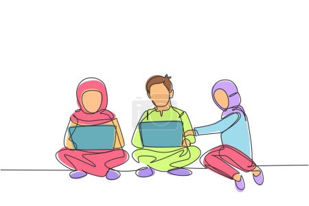 Illustration for Single continuous line drawing three Arabian students studying with laptop and sitting on the floor together. Back to school, online education concept. One line draw graphic design vector illustration - Royalty Free Image