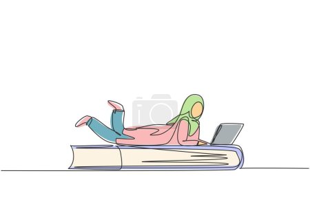 Illustration for Continuous one line drawing young Arab female with laptop laying down on big book. Freelance, distance learning, online courses, studying concept. Single line draw design vector graphic illustration - Royalty Free Image