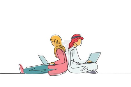 Illustration for Single continuous line drawing Arabian couple with laptop sitting and lean on each other. Freelance, distance learning, online courses, and studying. One line draw graphic design vector illustration - Royalty Free Image
