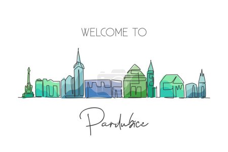 Illustration for Single one line drawing Pardubice city skyline, Czech Republic. World historical town landscape. Best holiday destination postcard print art. Trendy continuous line draw design vector illustration - Royalty Free Image